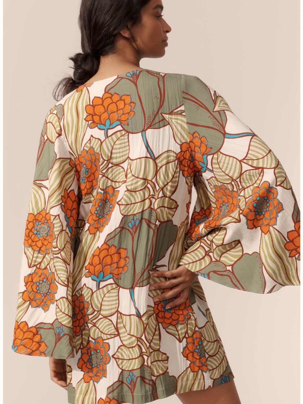 Traffic People Orange Floral Tie-Front Mini Dress on Cream - Picture 3 of 6